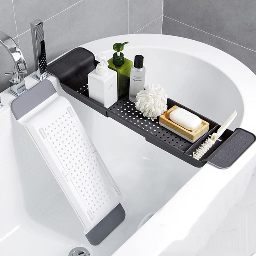 Expandable Drain Bath Shelf Caddy Tray, Multifunctional Plastic Bathtub Tray Bathroom Organizer Simple Stylish Bathtub Storage Rack for Candle Towel, Book, Wine, Phone, Shower (Grey)