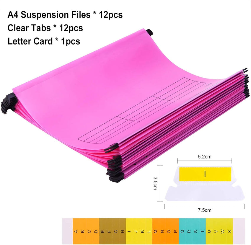 Srvnpioy A4 Suspension Files with Tabs and Card Inserts for Filing Cabinets (Pack of 12, Pink) Polypropylene A4 Hanging Filing Storage Folders for Office Home School