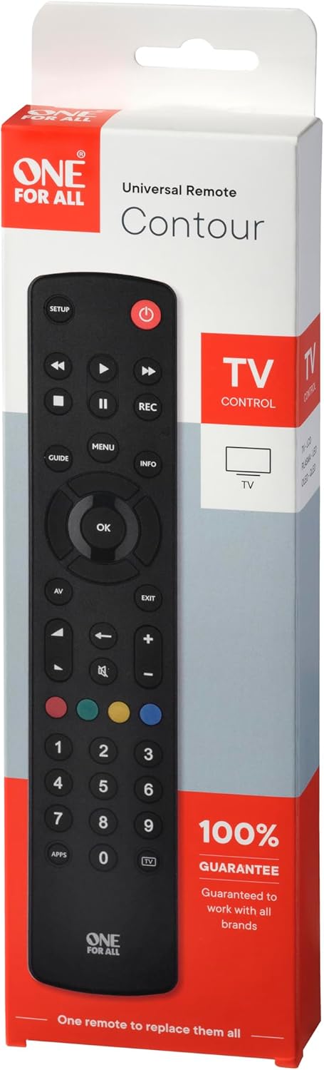 One For All Contour TV Universal Remote - Control of TV/Smart TV - Guaranteed to work with all manufacturer brands - Learning remote control - URC1210