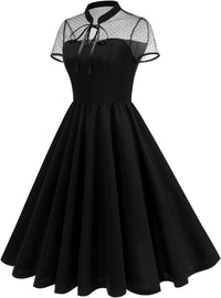 Vintage Gothic Cocktail Dress Keyhole Collar Mesh Short Sleeve Swing