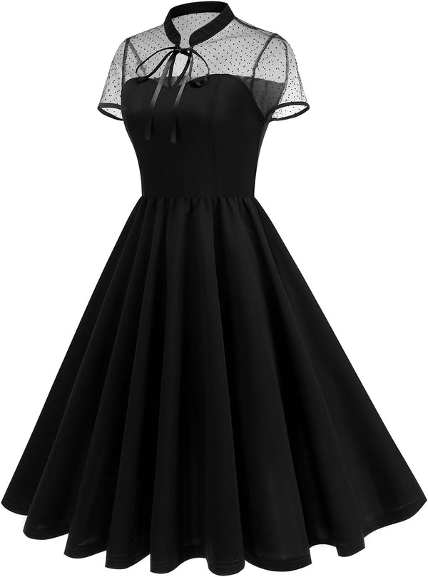 Vintage Gothic Cocktail Dress Keyhole Collar Mesh Short Sleeve Swing
