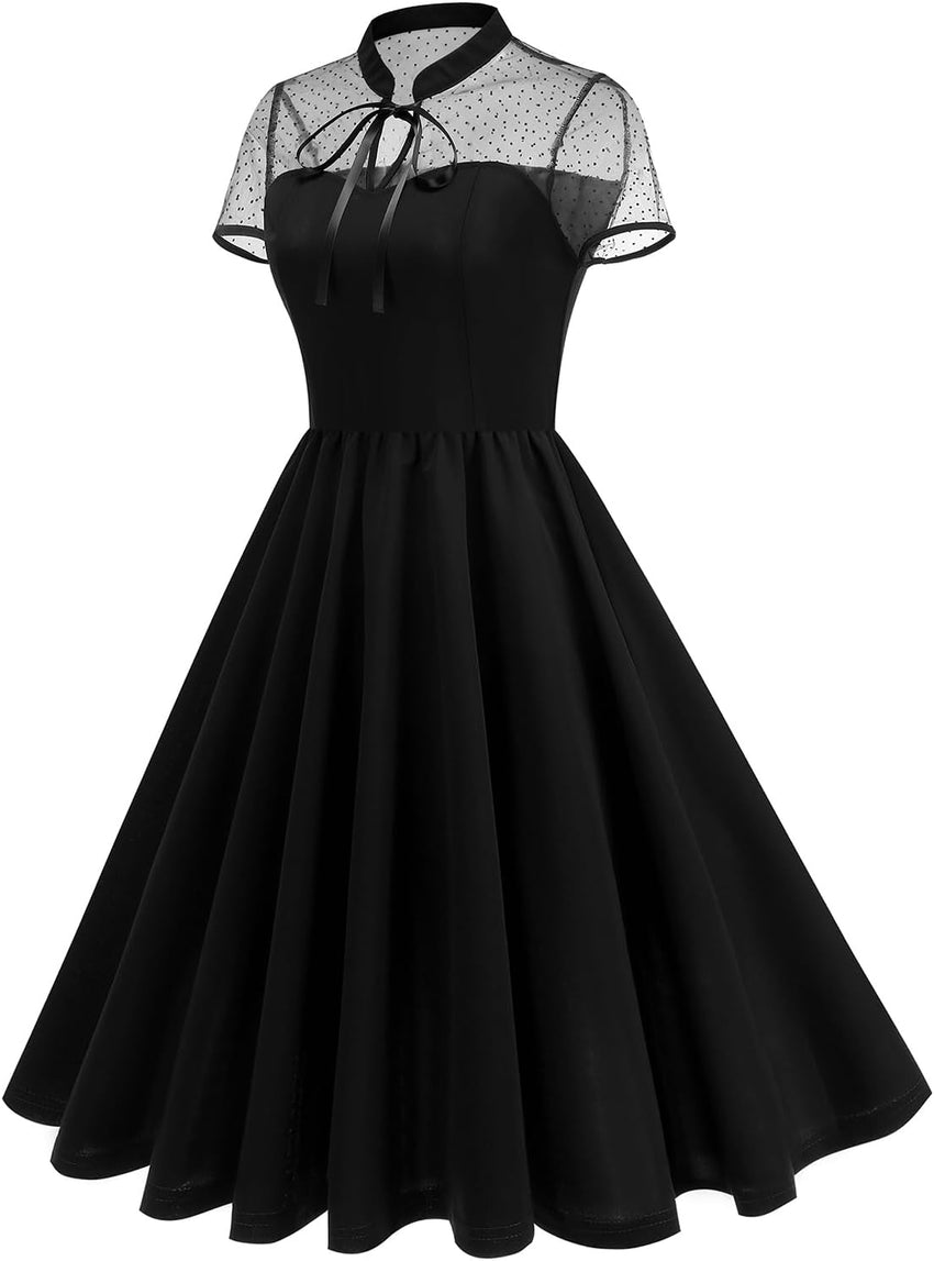 Vintage Gothic Cocktail Dress Keyhole Collar Mesh Short Sleeve Swing