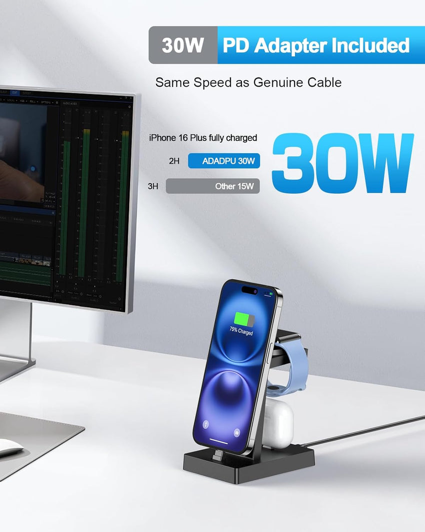 3 in 1 Charging Station - ADADPU iphone and iWatch Charger Stand with 30W USB C Charger Plug, Apple Charging Dock for iphone 16 15 Series, iWatch, Earbuds with USB C Port, Not for Samsung Watch
