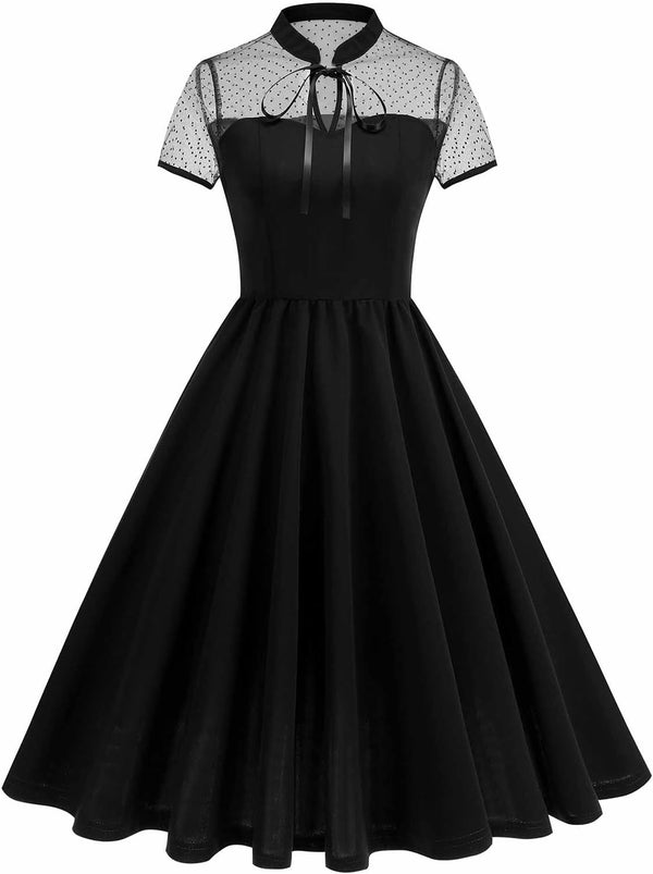 Vintage Gothic Cocktail Dress Keyhole Collar Mesh Short Sleeve Swing