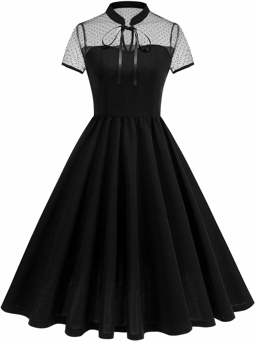 Vintage Gothic Cocktail Dress Keyhole Collar Mesh Short Sleeve Swing