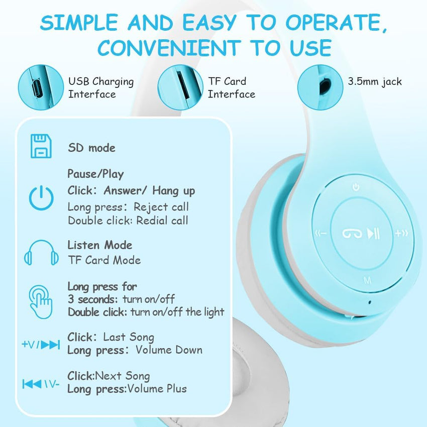 AXFEE Bluetooth Kids Headphones, LED Light Up Cat Ear Wired/Wireless Headphone, HD Stereo Sound, Foldable Children Headphone for PC Phone Ipad Study Travel School, Suitable for Girls Boys Gift (Blue)