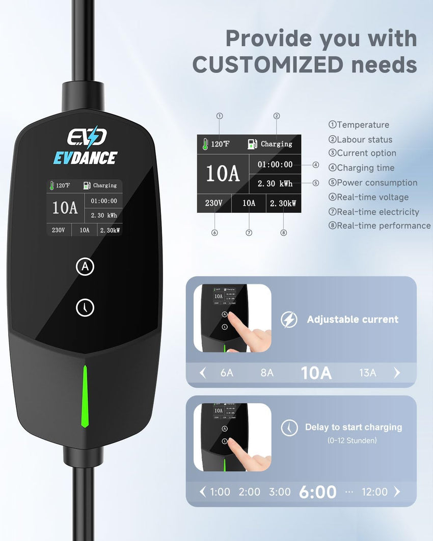 EV Charger Cable Type 2 to 3 Pin Plug 10m Adjustable Current Portable Charger â Black