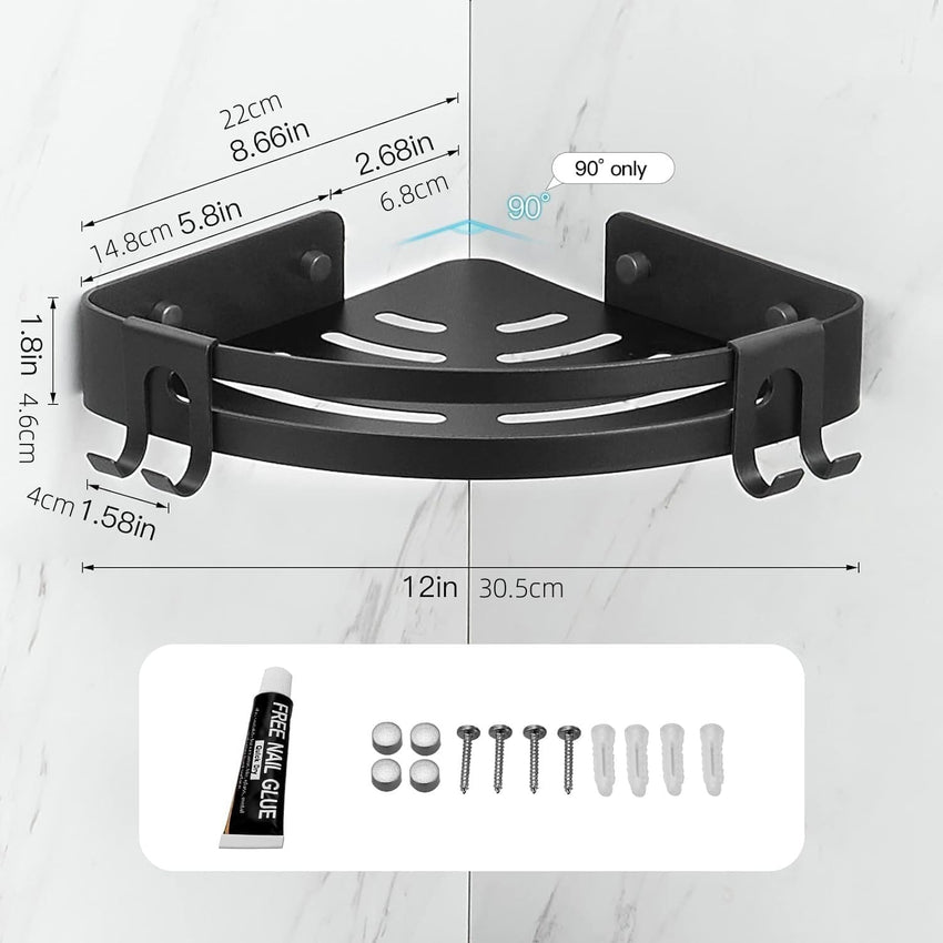 Voldra Corner Shower Caddy No Drilling, Shower Shelf Coner Adhesive Bathroom Corner Shelves with 4 Razor Hooks Shower Corner Shelf No Drill Bathroom Organiser Storage Wall Mounted(2-Pack, Black)