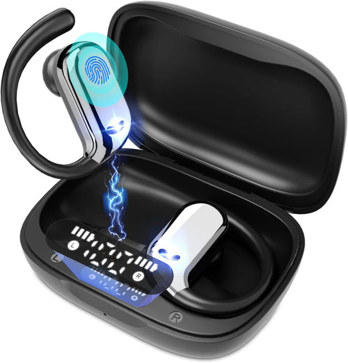 ELECGO Sport Wireless Earbuds with Earhooks, Bluetooth 5.4 Headphones with ENC and AI Noise Cancellation, Hi-Fi Audio 60H Dual LED Display, IP7 Waterproof for Sports, Compatible All Cell Phone/PC