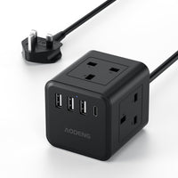 Extension Lead with 4 USB Slots, 4 Way (13A/3250W) Multi Plug Extension Cable, UK Desktop Power Extension Cord with Multi Socket, 1.5M Extension Cable (black, 1.5M)