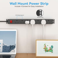 2 Pack - 7 Way Power Strip Surge Protector with Switch, Rack Mount 19inch Power Socket, Wall Mount Power Strip for Home, Office and Industrial Use, 1.8M Extension Cord, Black