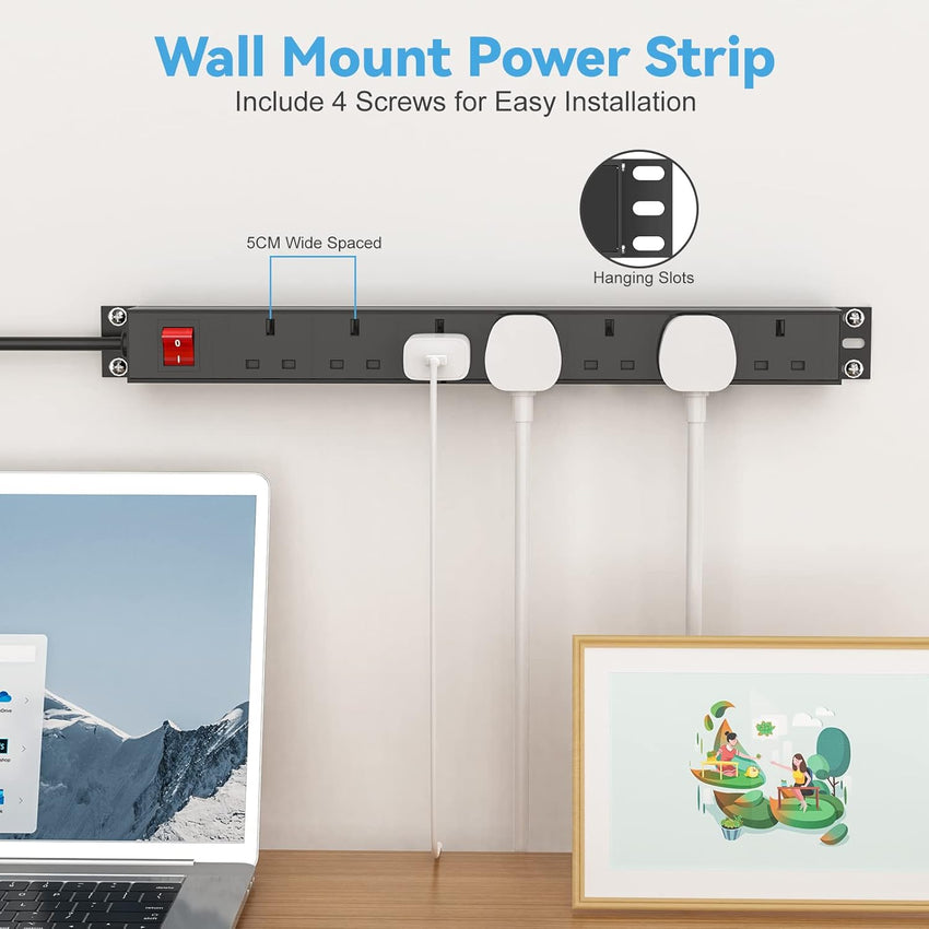 2 Pack - 7 Way Power Strip Surge Protector with Switch, Rack Mount 19inch Power Socket, Wall Mount Power Strip for Home, Office and Industrial Use, 1.8M Extension Cord, Black