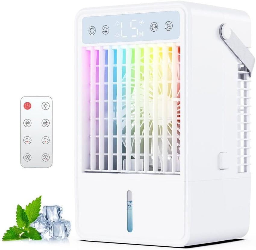 Portable Air Cooler 1500ml Quiet 5Ã¢ÂÂSpeed 4ÃÂµm Mist 2 Spray Modes 7Ã¢ÂÂColour LED Timer Ã¢ÂÂ White