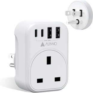 AUNNO UK to US Plug Adaptor, 20W Grounded USA Adapter with 2 USB Ports and 2 USB-C Ports, 5 in 1 Adapter for US Canada Mexico Thailand etc (Type B)