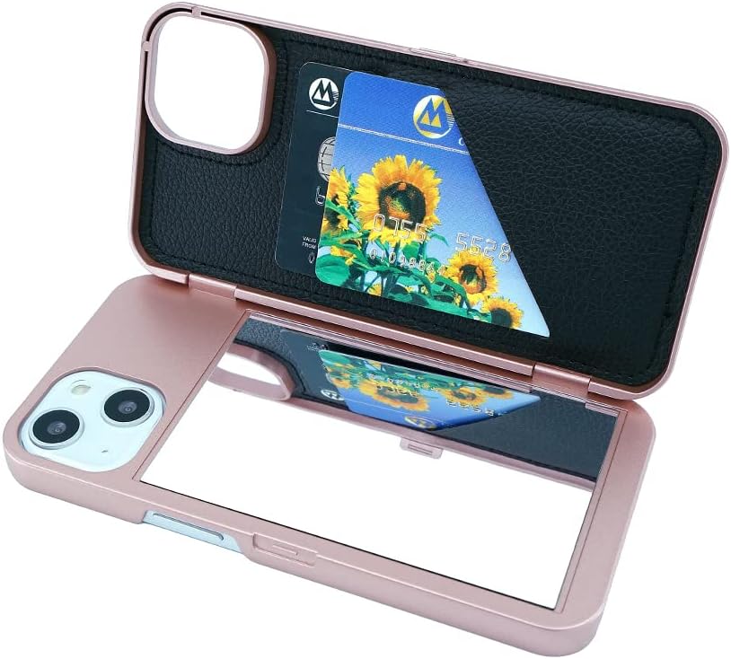 W7ETBEN iPhone 14 Wallet Case, iPhone 13 Case with Kickstand Built-in Mirror Shockproof Card Holder Cover for Apple iPhone 14 (2022) 6.1" /iPhone 13 (2021) 6.1 Inch (Rose Gold)