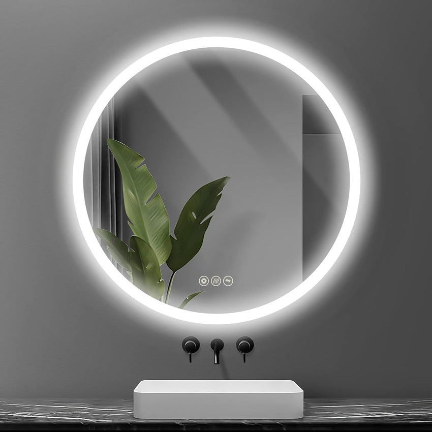 AI-LIGHTING 60cm Round Mirror with Lights Bathroom LED Circular Mirror Illuminated Anti-Fog Backlit Light Up Circle Mirror Touch Switch Color Change Demister IP44 Dimmable