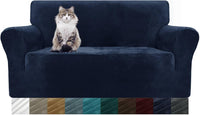 MAXIJIN Thick Velvet Sofa Covers 2 Seater Super Stretch Non Slip Loveseat Covers for Living Room Dogs Cat Pet Plush Love Seat Couch Slipcovers Elastic Furniture Protector (2 Seater, Navy Blue)