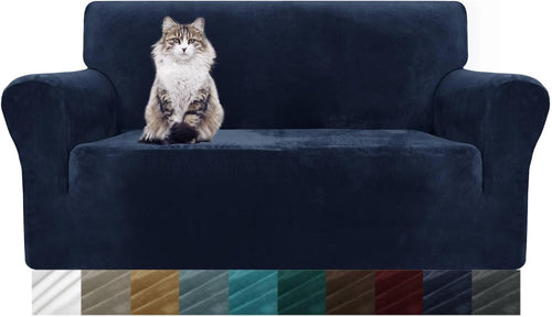 MAXIJIN Thick Velvet Sofa Covers 2 Seater Super Stretch Non Slip Loveseat Covers for Living Room Dogs Cat Pet Plush Love Seat Couch Slipcovers Elastic Furniture Protector (2 Seater, Navy Blue)