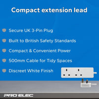 PRO ELEC 2-Gang Extension Lead | 500mm Cable | 13A | UK Plug | White - PELB1403