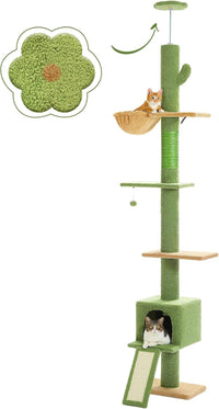 PAWZ Road Cat Tree READ DESC Floor to Ceiling with Height Adjustable 216cm to 273cm, Cactus Cat Tower with Spacious Activity Space, Hammock and Cat Condo, Anti-Fall Belt, 5 Tiers Green