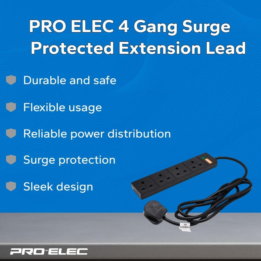 pro elec 2 m 4 Socket Surge Protected Extension Lead with Neon On Light - Black