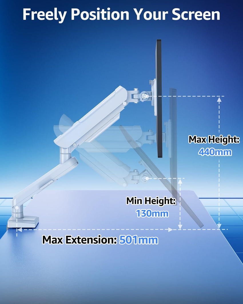 Single Arm Monitor Gas Spring Desk Mount 13â32" Tool-Free Height Adjustable VESA 75/100 C-clamp & Grommet â White