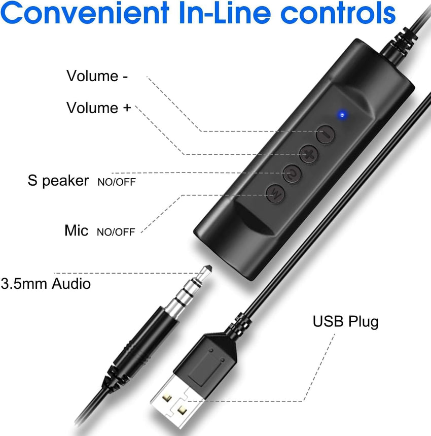 USB Headset with Microphone for PC Laptop, Adjustable Noise Cancelling Business Office Headsets, 2.5M Length Headphones with In-Line Control