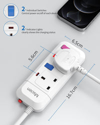 Mscien Extension Lead 2 Way Plug Sockets with Individual Switches Overload Protected Power Strip Wall Mountable 1.5M Extension Cable