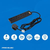 pro elec 2 m 4 Socket Surge Protected Extension Lead with Neon On Light - Black