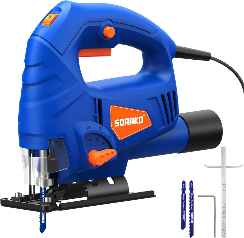 SORAKO 600W Corded Jigsaw for Wood & Metal | 800-3000SPM Electric Jigsaw with 6 Speeds + 3 Orbital Settings | 45ÃÂ° Bevel Cutting, 60mm Wood Cutting Depth