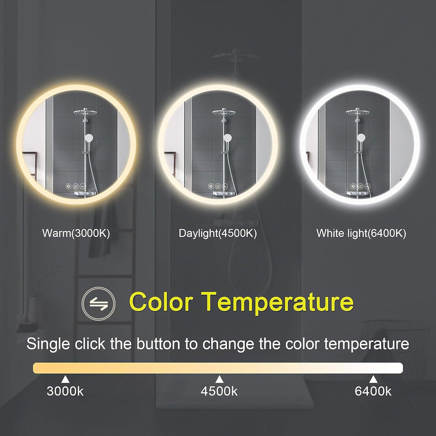 AI-LIGHTING 60cm Round Mirror with Lights Bathroom LED Circular Mirror Illuminated Anti-Fog Backlit Light Up Circle Mirror Touch Switch Color Change Demister IP44 Dimmable