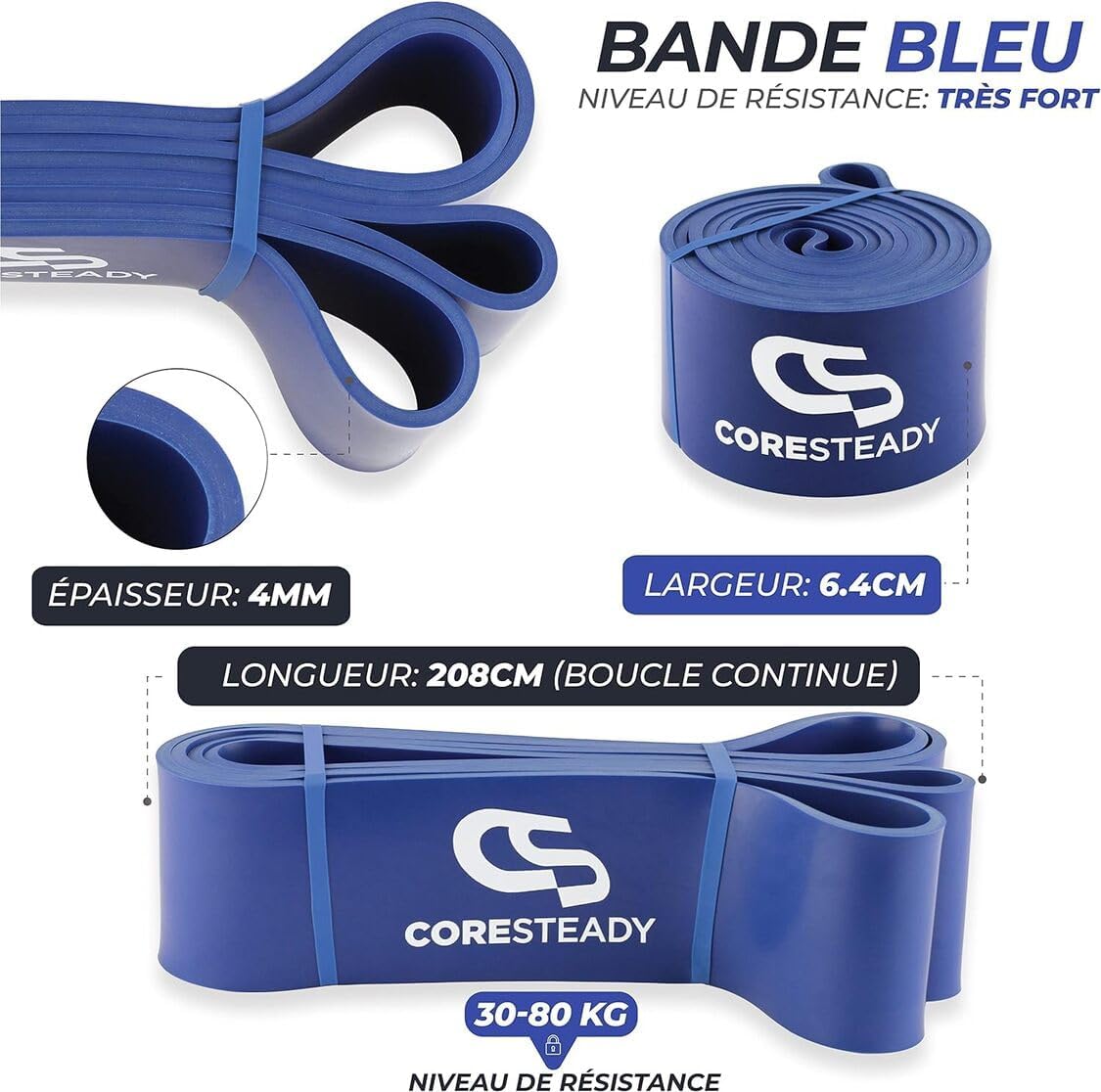 Coresteady Pull Up Bands & Resistance Bands - Rubber Heavy Duty Elastic Loop Band for Men & Women - Build Fit Power & Muscle - Training, Fitness Assist Pull Ups & Gym Exercise - Blue, 30-80kg