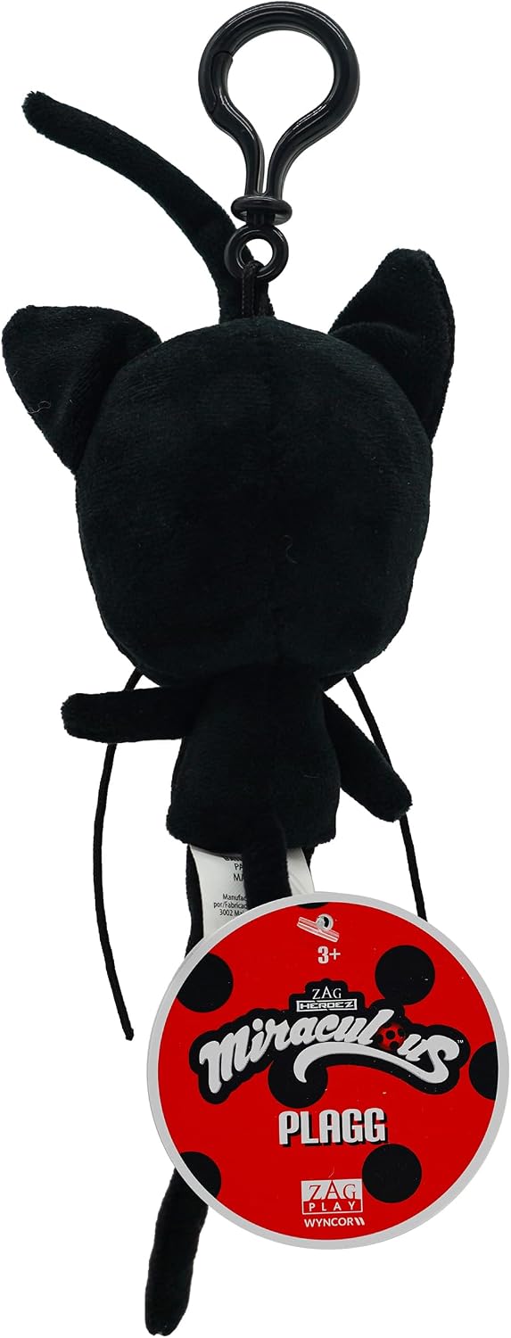 Miraculous Ladybug - Kwami Lifesize Plagg, 5-inch Cat Plush Clip-on Toys for Kids, Super Soft Collectible Stuffed Toy with Glitter Stitch Eyes and Color Matching Backpack Keychain (Wyncor)