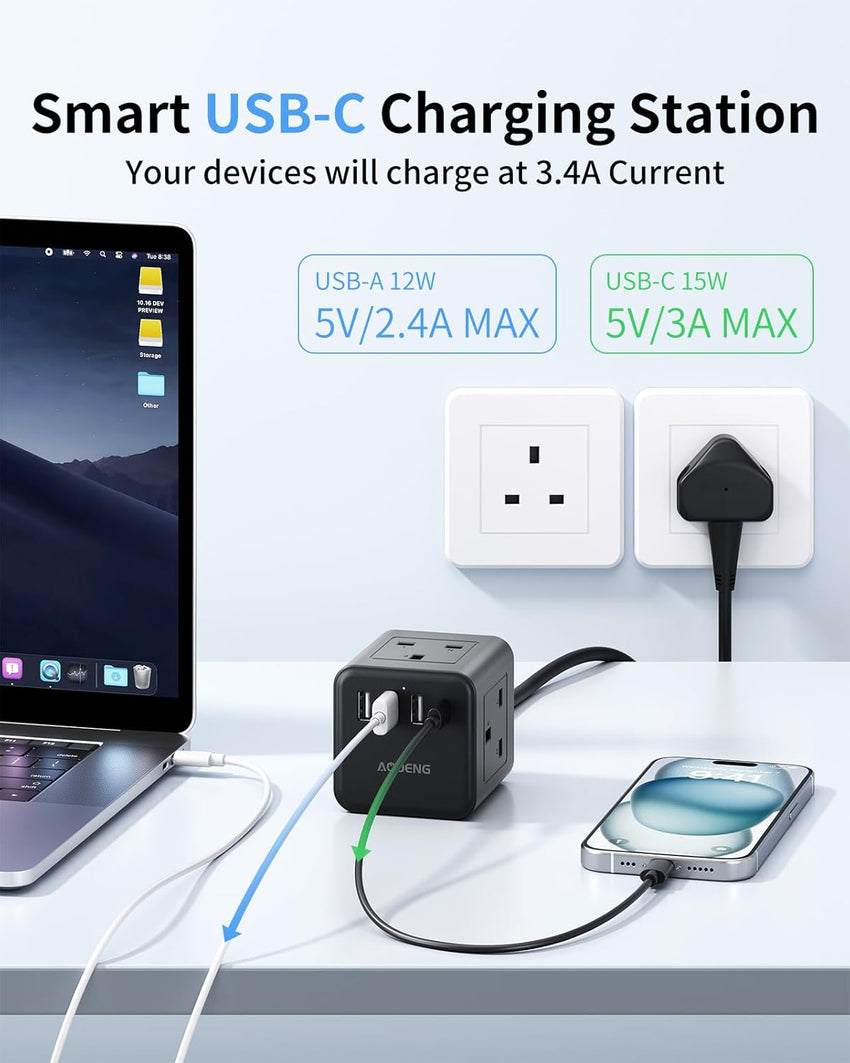Extension Lead with 4 USB Slots, 4 Way (13A/3250W) Multi Plug Extension Cable, UK Desktop Power Extension Cord with Multi Socket, 1.5M Extension Cable (black, 1.5M)