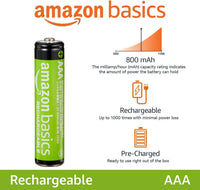 Amazon Basics 12-Pack Rechargeable AAA NiMH Performance Batteries, 800 mAh, 1.2V, Recharge up to 1000x Times, Pre-Charged