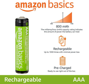 Amazon Basics 12-Pack Rechargeable AAA NiMH Performance Batteries, 800 mAh, 1.2V, Recharge up to 1000x Times, Pre-Charged