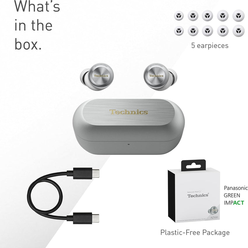 Technics EAH-AZ100E-S Wireless Earbuds with Noise Cancelling, Multipoint Bluetooth, Voice Focus AI, Comfortable In-Ear Headphones, Silver