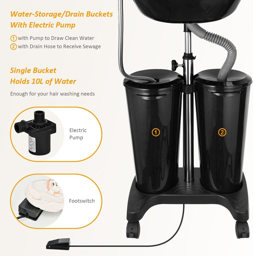 Johgee Portable Salon Basin Shampoo Bowl Sink with Electric Pump, Height Adjustable Portable Hair Washing Basin with 2 Bucket & Drain Hoses, Portable Shampoo Sink for Home Barber Shop Use