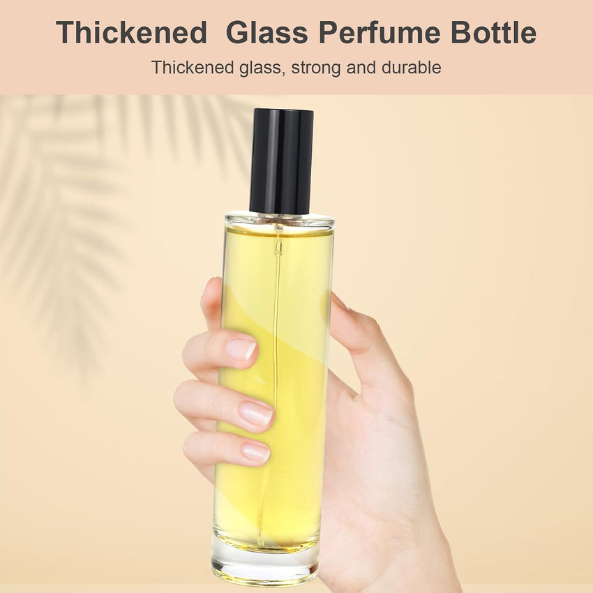 Omsscun 3Pcs Glass Perfume Spray Bottle 100ml, Empty Glass Perfume Atomiser, Small Clear Portable Perfume Refill Bottles for Travel, Holiday, Gifts (Gold, Silver and Black Caps)