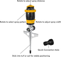 Gear-Driven Lawn Sprinkler 2-Pack Metal Spike Base 5 Patterns 15m Range 180mÂ² - Yellow