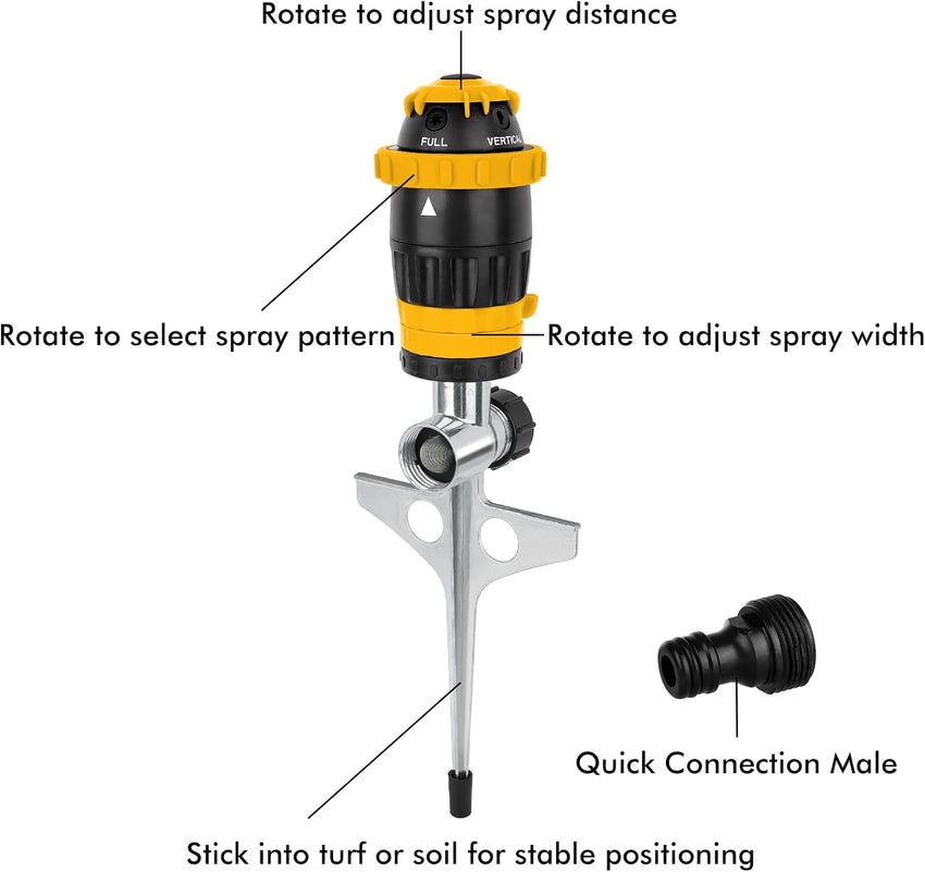 Gear-Driven Lawn Sprinkler 2-Pack Metal Spike Base 5 Patterns 15m Range 180mÂ² - Yellow
