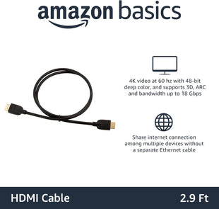 Amazon Basics 4K HDMI Cable 0.9m - 18Gbps High Speed with Ethernet, 4K@60Hz, 2160p, Black