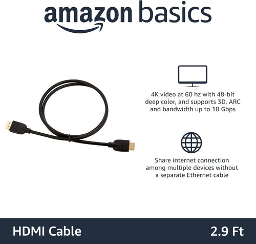 Amazon Basics 4K HDMI Cable 0.9m - 18Gbps High Speed with Ethernet, 4K@60Hz, 2160p, Black