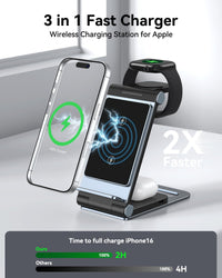 Wireless Charging Station 3 in 1 Foldable Wireless Charger Stand, Travel Charger for iPhone 16 15 14 13 12 11 Pro Max XR XS, for Apple Watch 10 9 8 7 6 5 4 3 2 SE, for AirPods 3 2 Pro Dark Black Grey