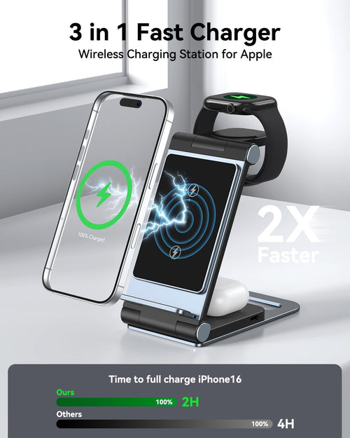 Wireless Charging Station 3 in 1 Foldable Wireless Charger Stand, Travel Charger for iPhone 16 15 14 13 12 11 Pro Max XR XS, for Apple Watch 10 9 8 7 6 5 4 3 2 SE, for AirPods 3 2 Pro Dark Black Grey