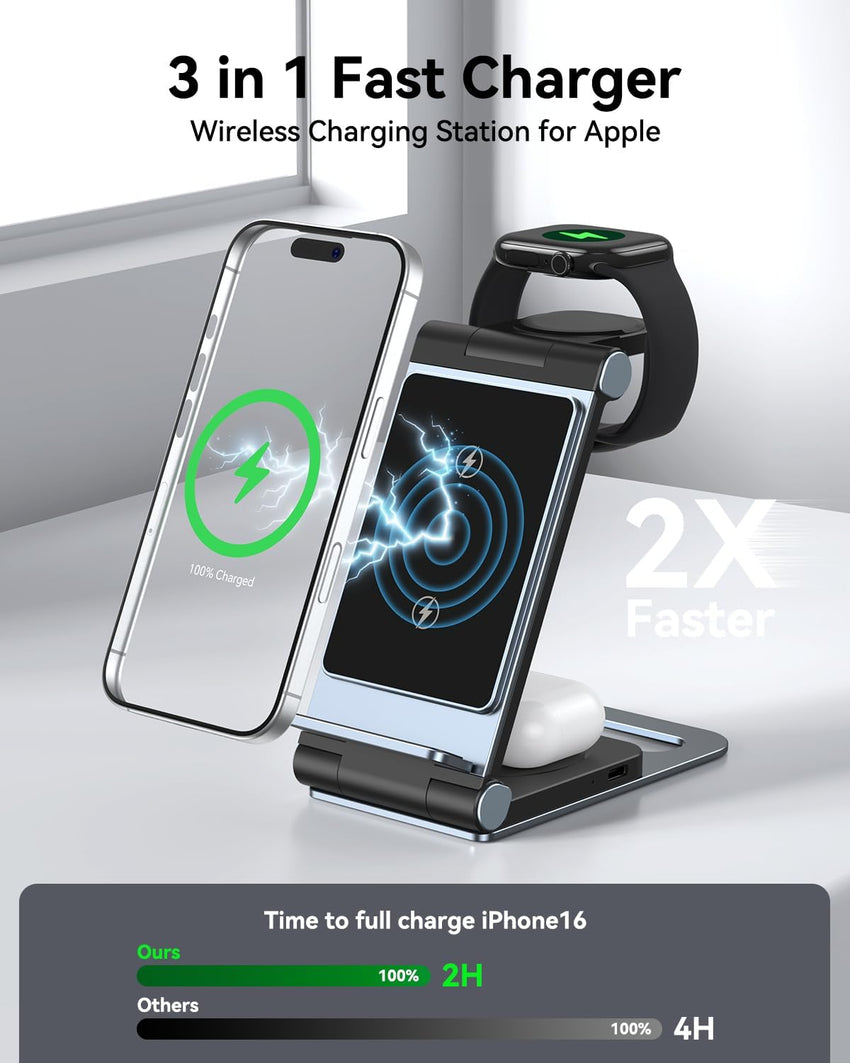 Wireless Charging Station 3 in 1 Foldable Wireless Charger Stand, Travel Charger for iPhone 16 15 14 13 12 11 Pro Max XR XS, for Apple Watch 10 9 8 7 6 5 4 3 2 SE, for AirPods 3 2 Pro Dark Black Grey