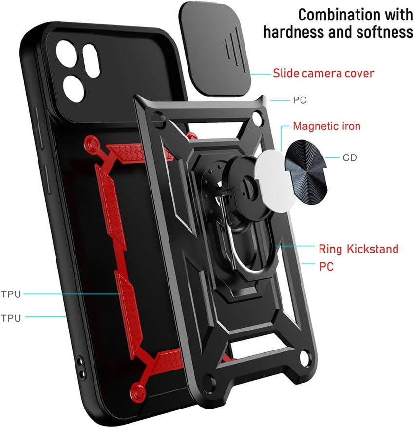 UPLAI Armor Case for Xiaomi Redmi A1/Xiaomi Redmi A2, Ultra Thin Shockproof Silicone Cover with Slide Camera Cover and Magnetic Ring Kickstand, PC + TPU Durable Cover.Black