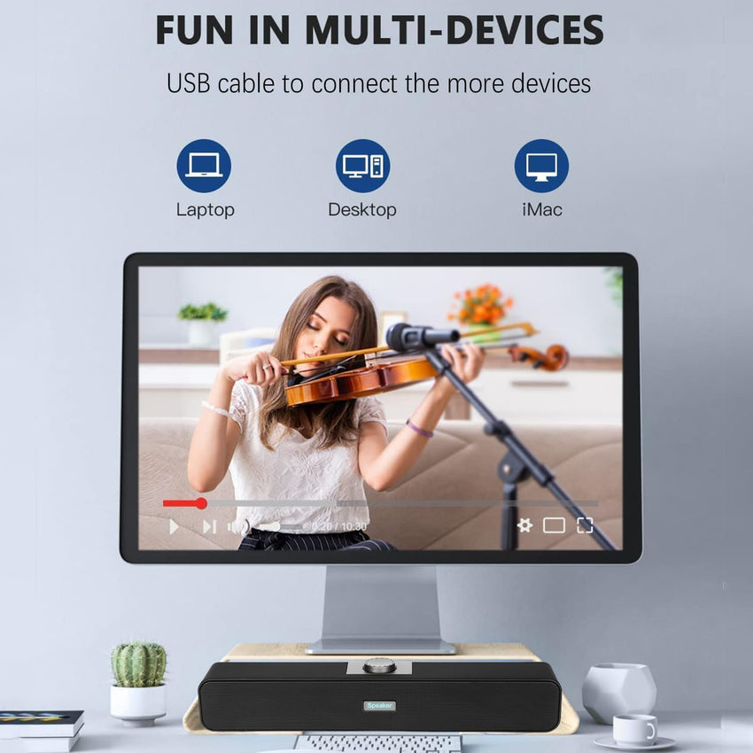 FAYAZ Computer Speakers for Desktop, 6W Stereo USB Computer Soundbar with 2 Diaphragms,3.5mm Aux Input, Knob Volume Control, Wired/Wireless Bluetooth 5.0 Soundbar for Desktop Smartphones Laptop,Black