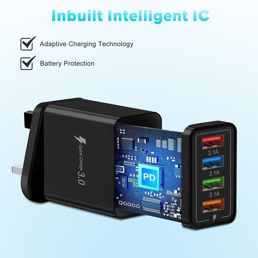 Multi USB Plug Charger UK, 4-Port USB Wall Charger Plug, Charging Power Adapter with Smart Device-Adaptive Charging Technology for All Smartphone (Black)