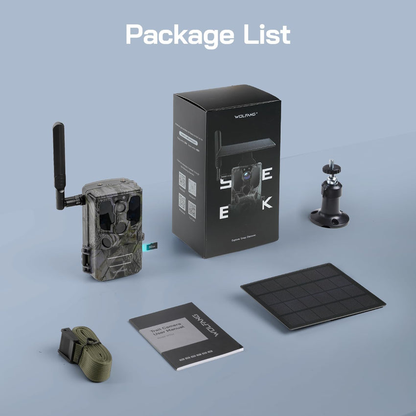 WOLFANG 4G LTE Cellular Wildlife Camera Solar Powered, 7800 mAh Battery, 2.5K Cellular Trail Camera with APP Control Built-in SIM No-Glow Night Vision 0.2s Trigger Motion Activated Waterproof